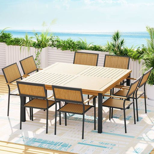 The Gardeon Acacia Wood 8-Seater Dining Set with an Oak Wood Colour and an Outdoor Background