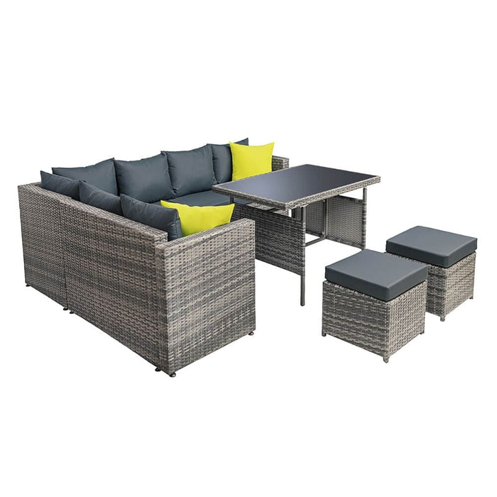 The Outdoor Dining Sofa Table Chair Lounge Set in Wicker Grey with a White Background