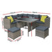 The Outdoor Dining Sofa Table Chair Lounge Set in Wicker Grey with a White Background and Measurements