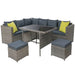 The Outdoor Dining Sofa Table Chair Lounge Set in Wicker Grey with a Plain Background