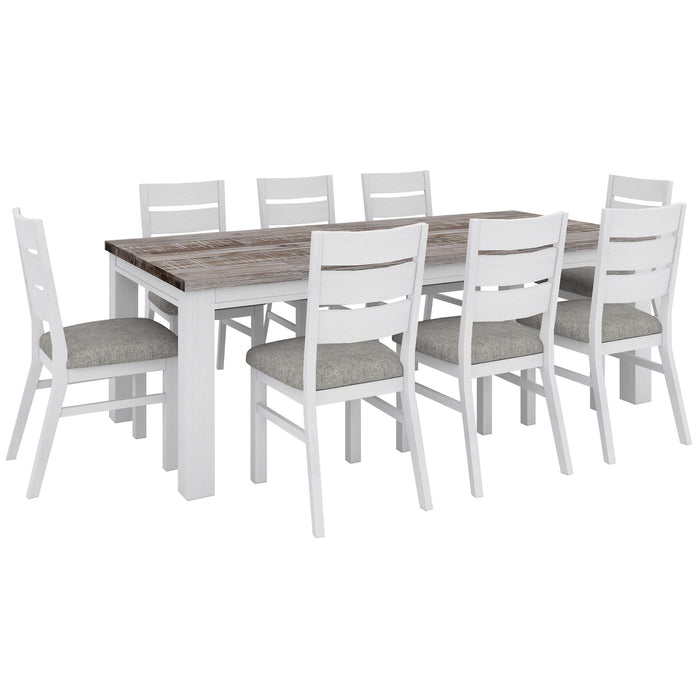 The Plumeria Solid Acacia Wood Dining Table with other Wood Furniture and a White Background