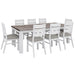 The Plumeria Solid Acacia Wood Dining Table with other Wood Furniture and a White Background