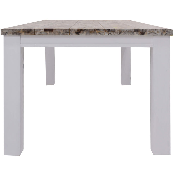 End view of The Plumeria Solid Acacia Wood Dining Table with a White Background