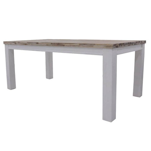 Diagonal view of the Plumeria Solid Acacia Wood Dining Table with a White Background