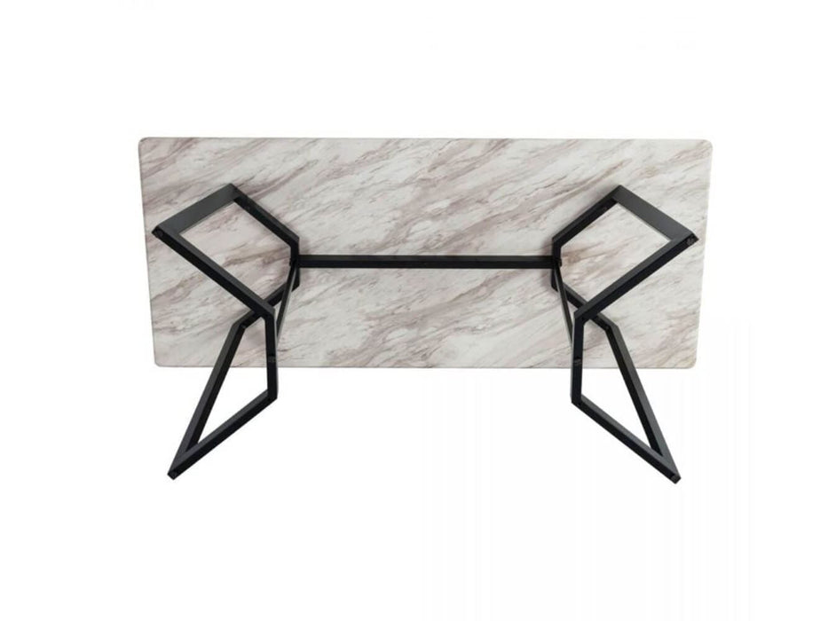 The underside of the Rectangular Marble-Effect Dining Table displaying its powder-coated steel legs. With a White Background