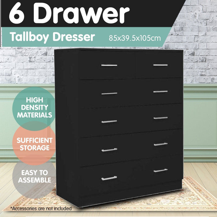 Sarantino Tallboy Dresser 6 Chest Of Drawers Black